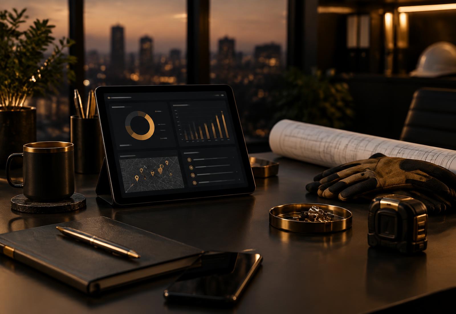 A service business owner's desk at dusk with a planning dashboard on a tablet